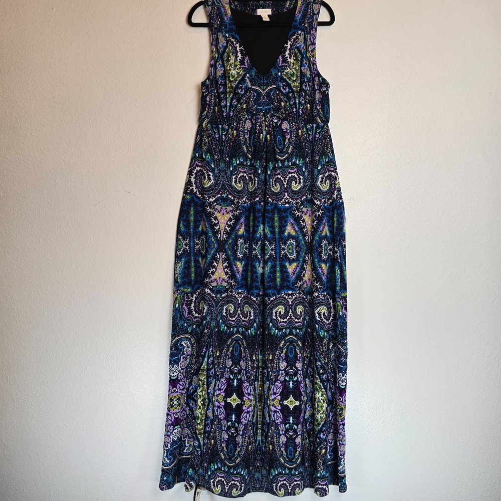 Chico's Maxi Dress Women's 1 Multicolor Paisley Print Stretch Sleeveless V Neck